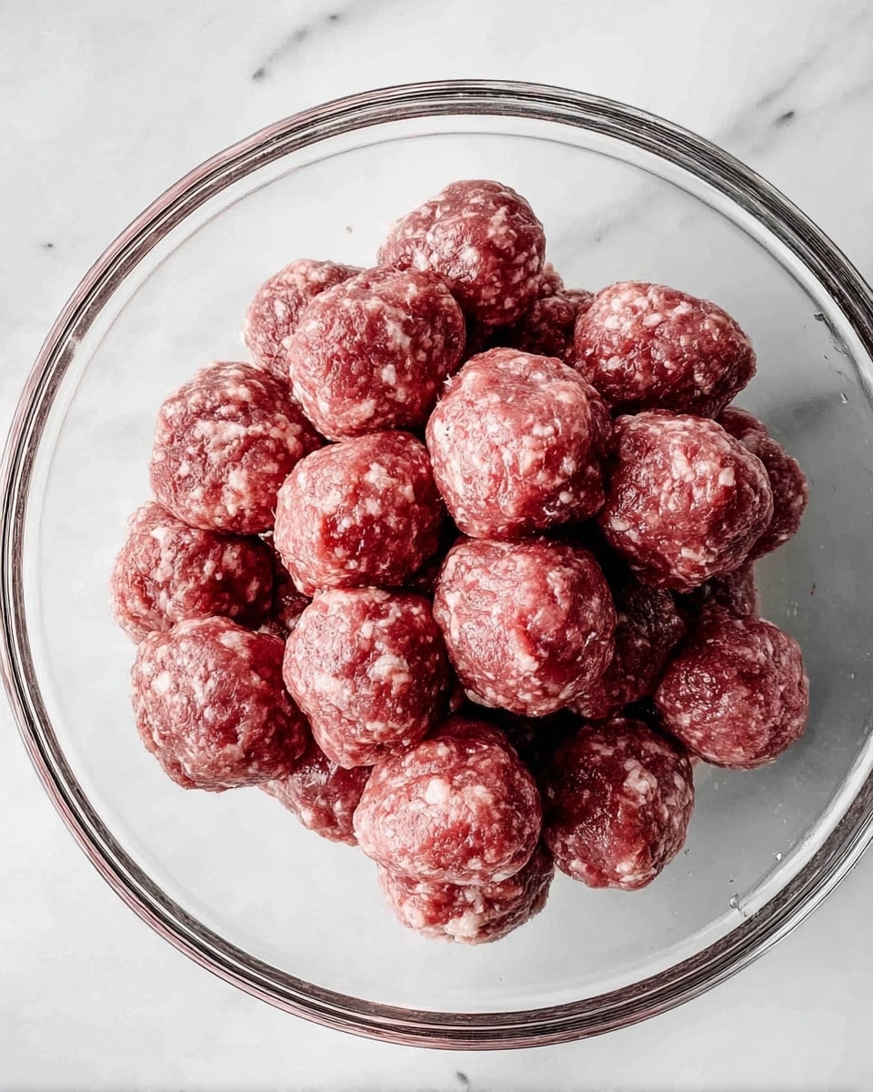 Inside a clear glass bowl, there is a single layer of raw meatballs piled loosely on top of each other. Each meatball is round with a reddish-pink color mixed with small white fat specks, showing a slightly rough texture. The bowl is placed on a white marbled surface, and the photo is taken from above, capturing the whole bowl and its contents clearly. photo taken with an iphone --ar 4:5 --v 7