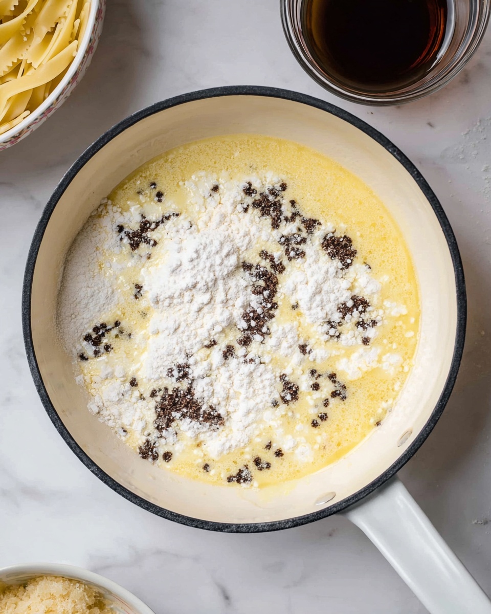 A close-up view of a white pan with a black rim, inside which melted yellow butter is mixed with scattered dark brown bits and piles of white flour on top, creating a contrast of powdery and liquid textures; the pan is set on a white marbled surface, with a white handle visible on the bottom right; in the background, there is a clear glass container with dark brown liquid and another bowl holding pale yellow cooked pasta, both resting on the same white marbled surface; photo taken with an iphone --ar 4:5 --v 7