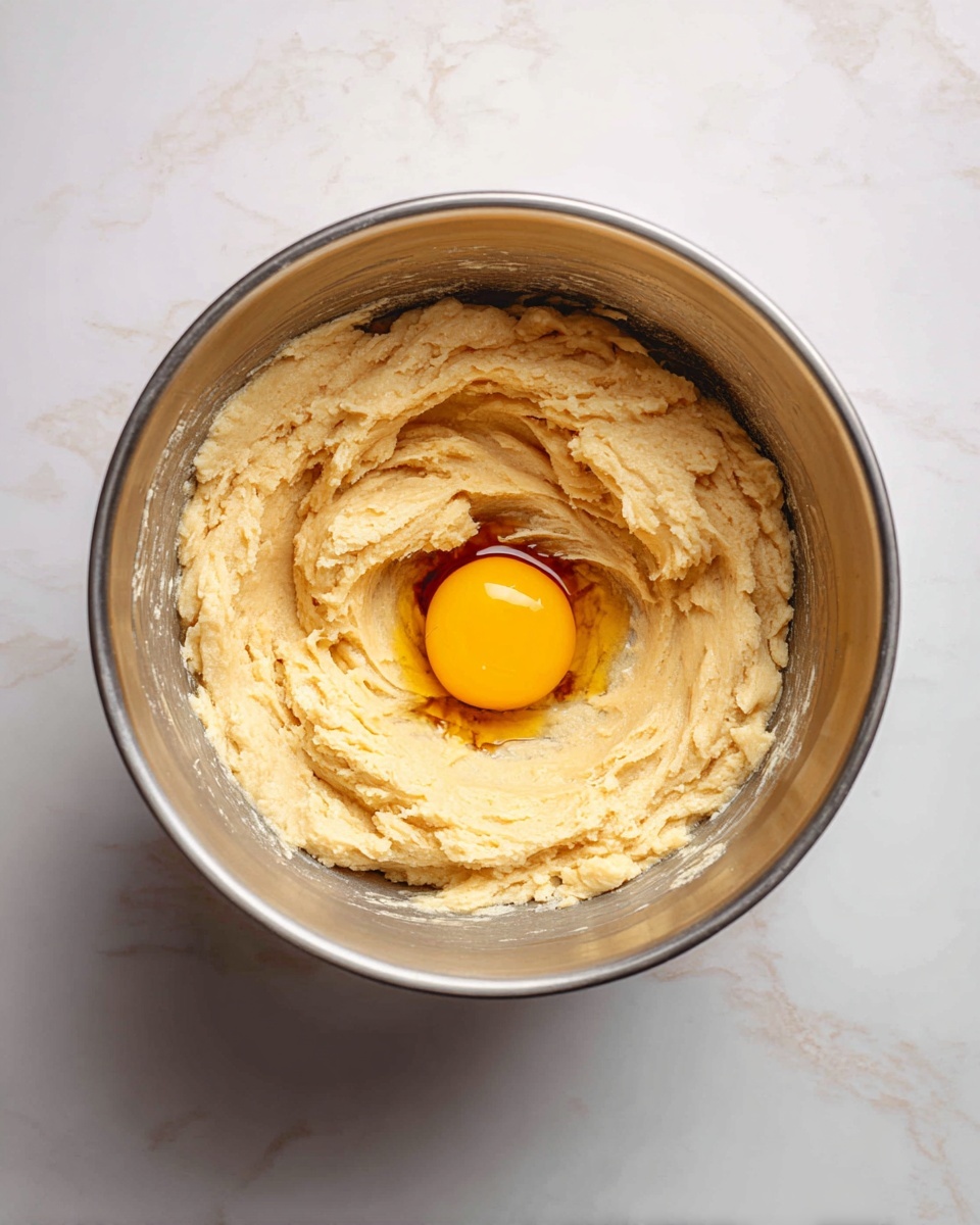 A stainless steel bowl sits on a white marbled surface, filled with light brown dough mixture that looks soft and thick. In the center of the dough, there is a single bright yellow egg yolk resting inside a small pool of dark brown liquid, likely vanilla extract, adding contrast. The dough surrounds the yolk unevenly, showing some texture with small lumps and smoother areas near the edges of the bowl. photo taken with an iphone --ar 4:5 --v 7