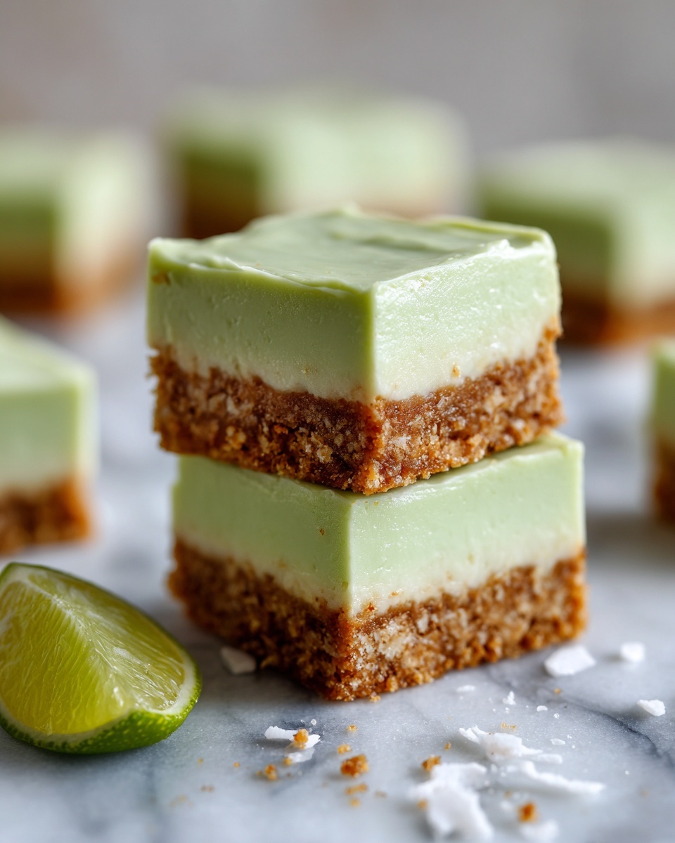 This image shows a stack of three square dessert bars, each with two layers. The bottom layer is a light brown, crumbly, and textured base in each bar. The top layer is a thick, smooth, pale green cream or frosting that looks soft and slightly ridged on top. The bars are placed on a white marbled surface with some white flakes sprinkled around, and there is a halved green lime slice on the left side near the bottom. In the blurred background, more bars can be seen. photo taken with an iphone --ar 4:5 --v 7