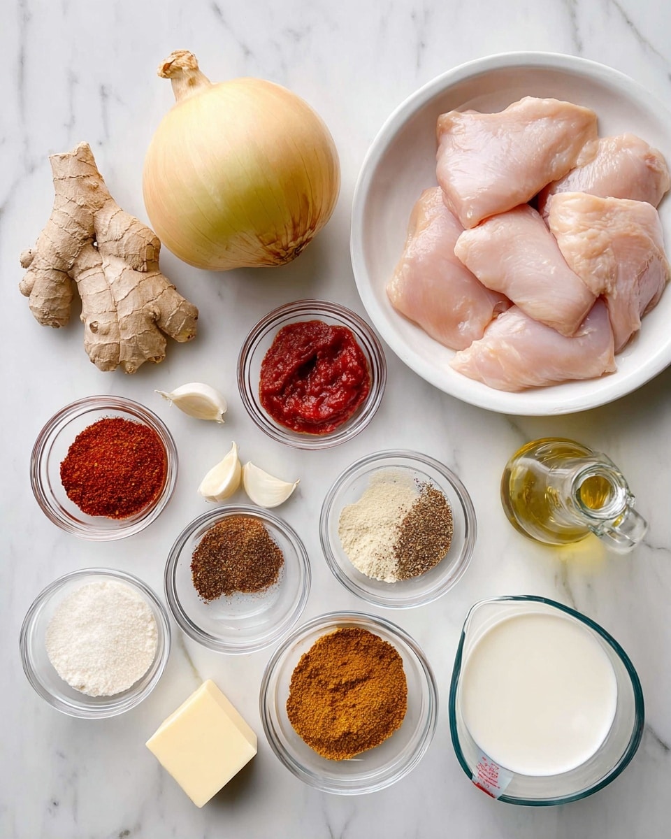 A top view of cooking ingredients neatly arranged on a white marbled surface, including a large whole onion with smooth yellow skin near the center, three pieces of fresh ginger root with a light tan rough texture above it, and three garlic cloves to the left. On the right side, a clear white bowl holds several raw chicken pieces that are pale pink and smooth. Surrounding these are small clear bowls containing bright red tomato paste, dark brown and reddish spice pastes, a mixture of ground spices in various shades of brown along with white salt, a square pat of pale yellow butter, and a glass measuring jug filled with white coconut milk. A bottle of light olive oil stands near the top center. The objects are placed carefully with space between them, showcasing their colors and textures on the white marbled background. Photo taken with an iphone --ar 4:5 --v 7