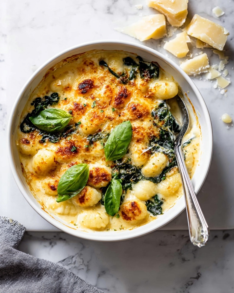 The image shows a white bowl filled with three main layers: at the bottom, there is a creamy, pale yellow sauce mixed with soft white gnocchi and dark green spinach leaves; on top, a layer of melted, golden-brown cheese with crispy spots covers the gnocchi, giving a slightly toasted texture; a few fresh bright green basil leaves are scattered over the top, adding a fresh look; the bowl is placed on a white marbled surface with a silver spoon inside, resting against the side of the bowl, and some cheese pieces are visible on a white marble board nearby. photo taken with an iphone --ar 4:5 --v 7
