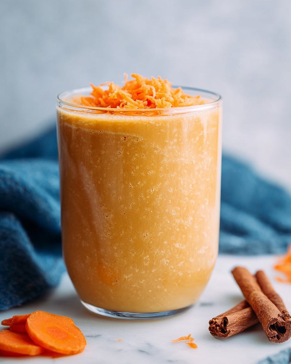 A clear glass filled with a smooth, thick, light orange mixture fills the frame mostly, topped with a heap of shredded bright orange carrot pieces. The glass sits on a white marbled surface, with a few thin carrot slices resting near the front left and two cinnamon sticks placed on the right side a little further back. A corner of a blue cloth is visible on the left side against a soft, blurry, white marbled background. The photo taken with an iphone --ar 4:5 --v 7
