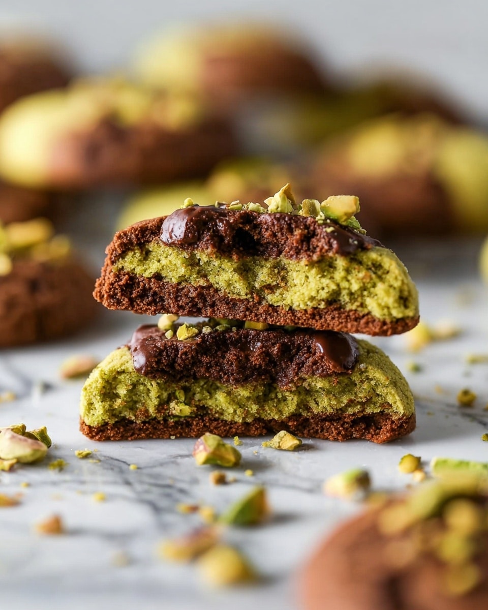 The image shows a close-up of a split cookie stacked on another cookie, both having two layers. The outside layer is a rich dark brown color with a soft texture, while the inside layer is bright green with a crumbly look. Small pieces of crushed green pistachios are scattered on top of the cookies and around them on a white marbled surface. More similar cookies are blurred in the background, making the focused stack the main subject. photo taken with an iphone --ar 4:5 --v 7