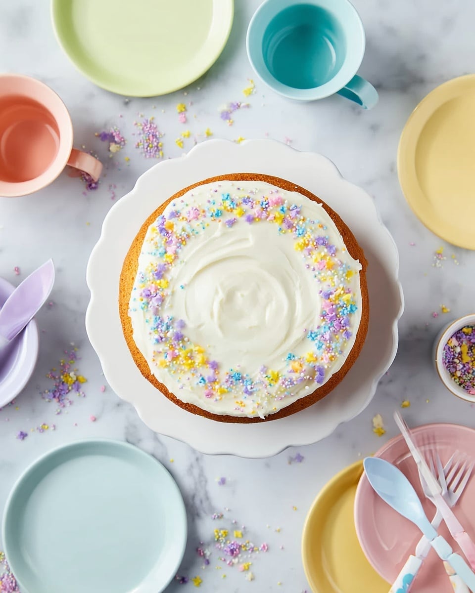 A single-layer round cake sits on a white scalloped cake stand, topped with smooth white frosting that is spread in a circular pattern. Around the edge of the frosting, there are colorful sprinkles in shades of yellow, purple, pink, blue, and orange. The cake itself is golden brown and visible around the sides beneath the frosting. The cake stand is placed on a white marbled surface, scattered lightly with more colorful sprinkles. Surrounding the cake are several white plates in pastel colors including light blue, pink, and yellow, each with matching pastel forks. There are also pastel cups and a woman’s hand holding a white fork on the left side. The overall scene is light, bright, and festive. photo taken with an iphone --ar 4:5 --v 7