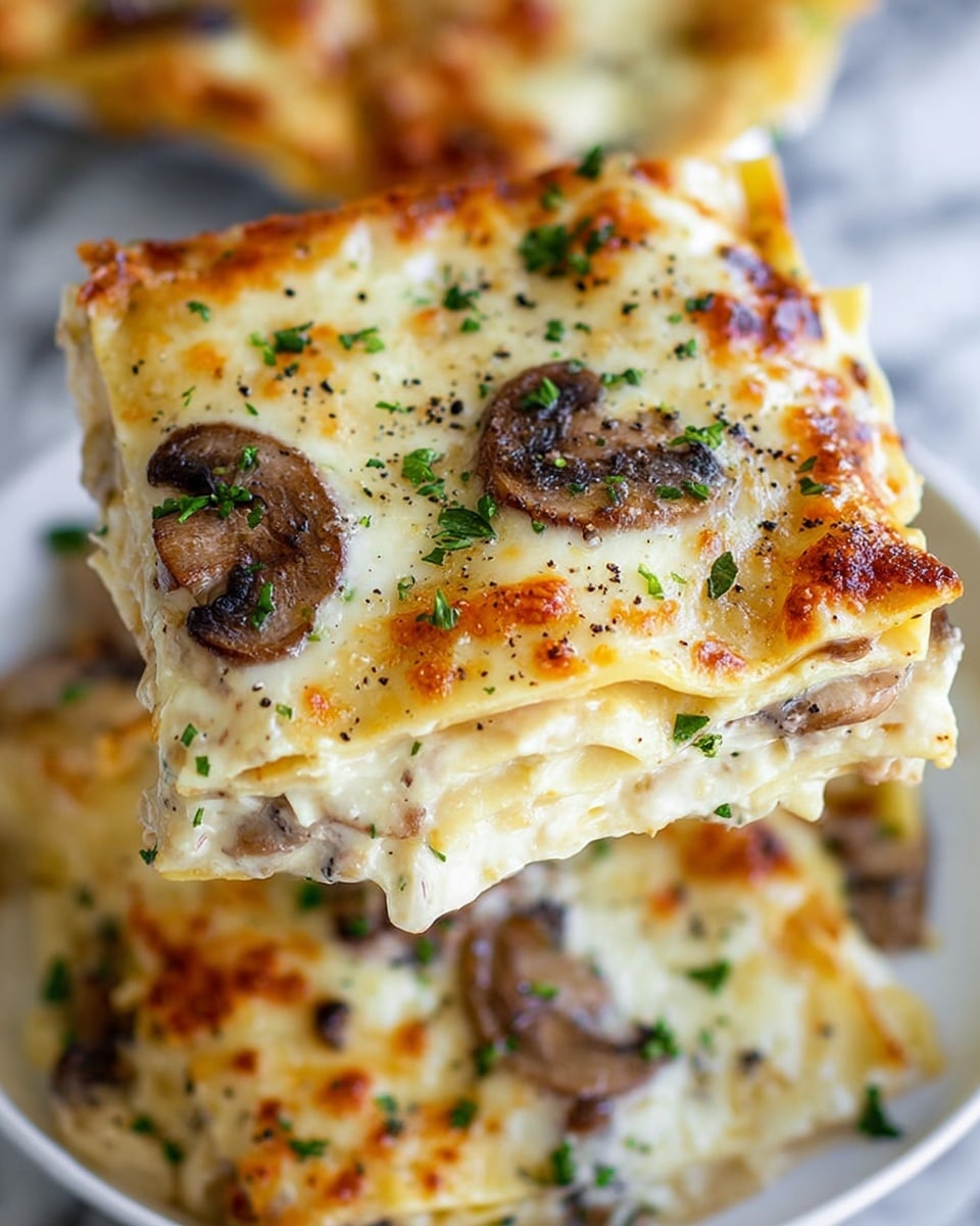 A close-up of a square piece of lasagna held above a white plate with more lasagna pieces. The lasagna has multiple layers: golden-brown baked edges of pasta, light cream-colored creamy sauce layers, and visible slices of brown mushrooms. The top layer is melted white cheese with browned spots, sprinkled with small chopped green herbs and some ground black pepper. The background shows more lasagna pieces resting on a white marbled surface. photo taken with an iphone --ar 4:5 --v 7