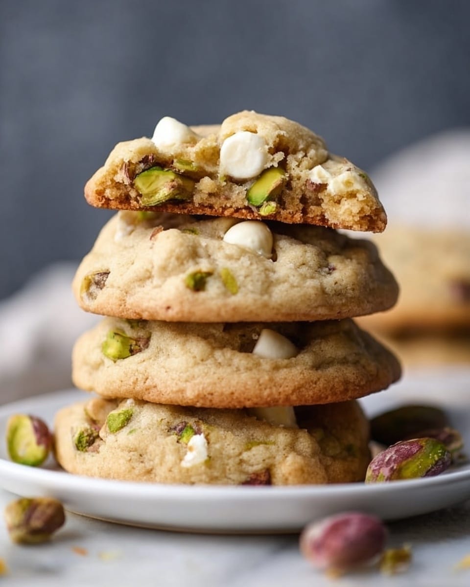 The image shows a stack of four thick, soft cookies on a white plate placed on a white marbled surface. The bottom three cookies are light golden brown with visible green pistachio pieces embedded throughout their slightly bumpy texture. On top of these, there is a broken cookie piece leaning, revealing a gooey inside with melted white chocolate chips and whole pistachios. The stack is close-up, with some whole pistachio nuts scattered loosely around the plate. The background is blurred and gray, drawing attention to the cookies in the front. photo taken with an iphone --ar 4:5 --v 7