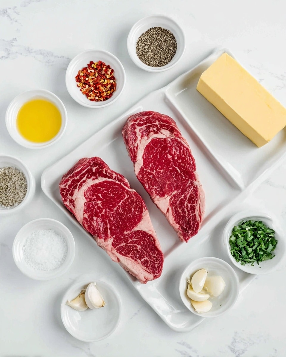 Two raw red steaks with white marbling lie side by side on a long white rectangular plate centered on a white marbled surface. Around the plate are seven small white dishes arranged in a semicircle: at the top left is melted yellow butter, below it red chili flakes, then black pepper, raw garlic cloves in the center, coarse white salt to the right, chopped green herbs further right, and a solid yellow block of butter at the top right. The scene is bright and clean, showing all ingredients ready for cooking. photo taken with an iphone --ar 4:5 --v 7