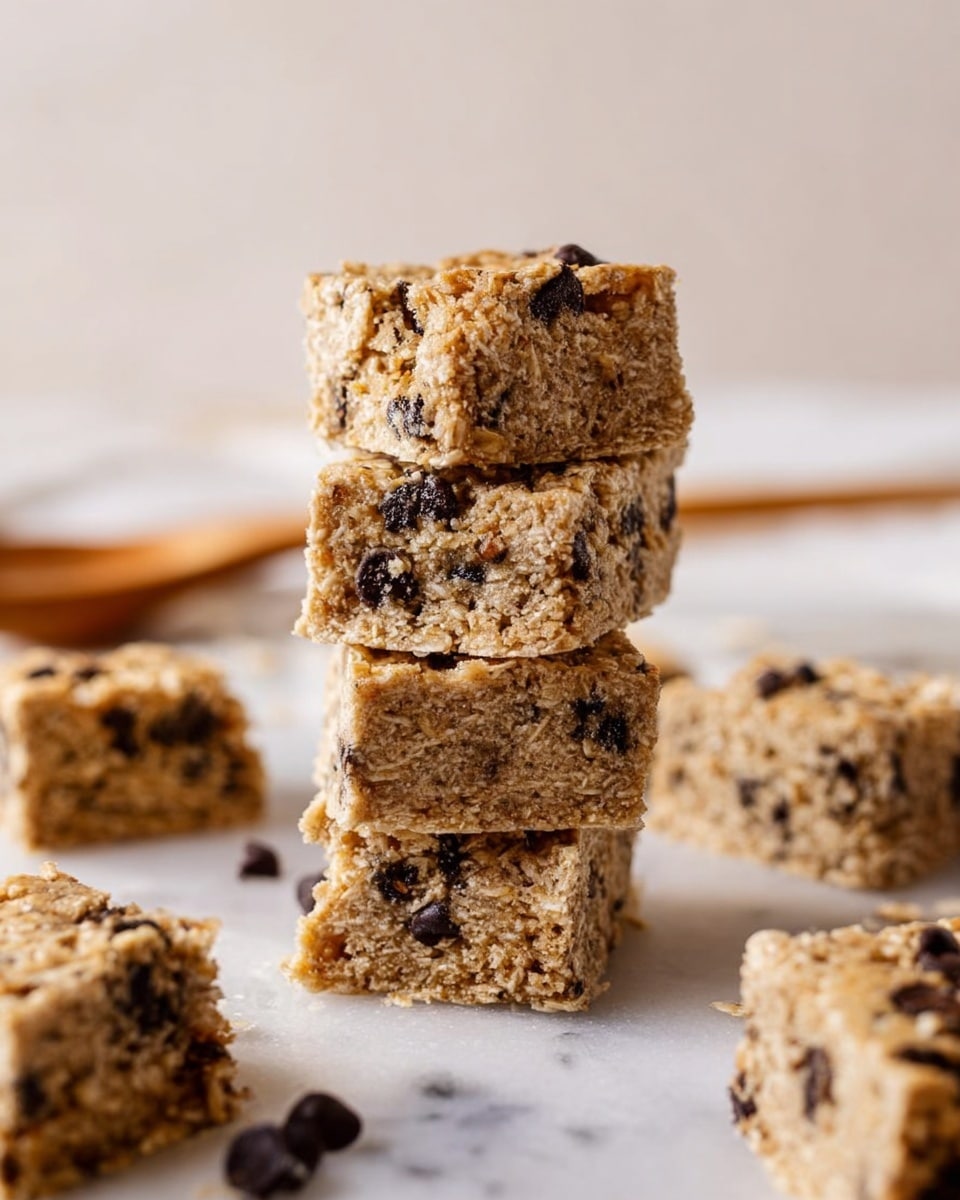 The image shows a stack of four square oatmeal bars with small dark chocolate chips spread throughout each bar. The bars have a rough texture, showing bits of oats and chocolate evenly mixed inside. Around the stack, there are more individual bars scattered on a white marbled surface. The bars are light brown and slightly crumbly looking. In the background, a wooden spoon is slightly visible, blurred out. Photo taken with an iphone --ar 4:5 --v 7