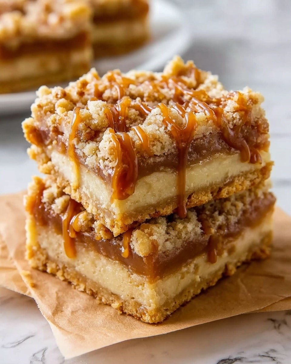 The image shows two square dessert bars stacked on top of each other on a piece of brown parchment paper. The bars have three layers: the bottom layer is a light golden crust, the middle layer is a thick, creamy caramel filling with a smooth texture, and the top layer is a crumbly topping with small chunks and a golden-brown color. Drizzled over the top is a shiny caramel sauce, adding a glossy finish. The background is a white marbled surface with a blurred white plate in the distance. Photo taken with an iphone --ar 4:5 --v 7