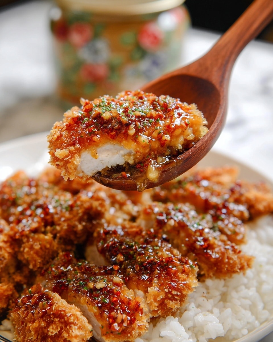 A wooden spoon holds a piece of fried chicken with a golden-brown crispy layer on top, covered in a shiny sauce with small bits and a sprinkle of green herbs. Underneath the chicken is a layer of white rice with a soft texture. Below the spoon, there is a white plate filled with more pieces of fried chicken, all cut into strips and covered with the same glossy sauce and herb sprinkles, resting on a bed of white rice. The background shows a blurred jar with a floral design, and the surface is a white marbled texture. Photo taken with an iphone --ar 4:5 --v 7