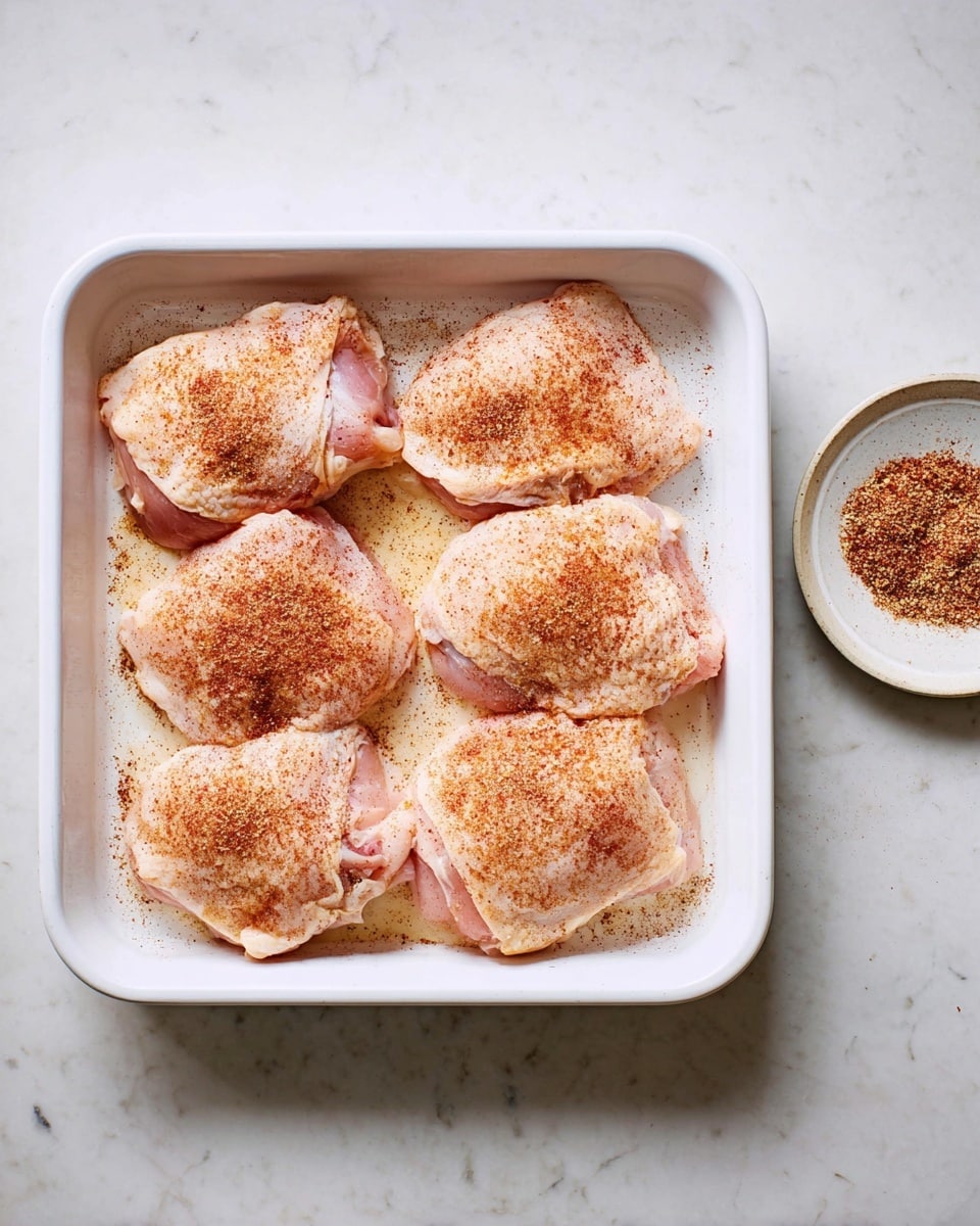 The image shows six pieces of raw chicken thighs with skin on, arranged side by side in two rows inside a white rectangular pan. Each piece is sprinkled evenly with a reddish-brown spice mix, creating a speckled texture on the pale pink and white chicken skin. To the right of the pan, there is a small white round plate holding more of the same spice mixture. All items sit on a white marbled surface, giving a clean and bright background. Photo taken with an iphone --ar 4:5 --v 7