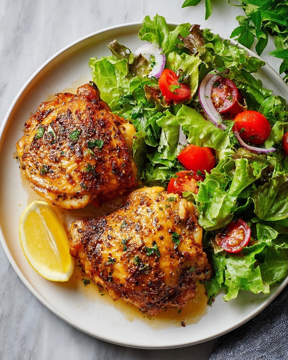 A white plate holds two pieces of golden brown grilled chicken thighs with a slightly crispy, peppered surface and small bits of green herbs sprinkled on top. To the side, there is a fresh salad made of bright green leafy lettuce, halved red cherry tomatoes, and thin white onion slices. A wedge of yellow lemon rests on the edge of the plate. The plate sits on a white marbled surface with some green leafy herbs partially visible in the top right corner. photo taken with an iphone --ar 4:5 --v 7