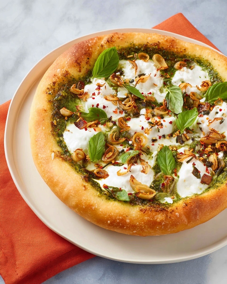 This dish shows a round pizza with a thick, golden-brown crust that looks soft and slightly crispy. The base layer is a green pesto sauce spread evenly close to the edges. On top of the pesto, there is a layer of white, creamy cheese dollops scattered across the pizza. Bright green basil leaves are spread over the cheese, adding fresh color. Thin crispy golden-brown garlic slices are sprinkled over everything, along with small red chili flakes for a spicy touch. The pizza sits on a white plate, placed on a white marbled surface with an orange napkin under the plate. Photo taken with an iphone --ar 4:5 --v 7