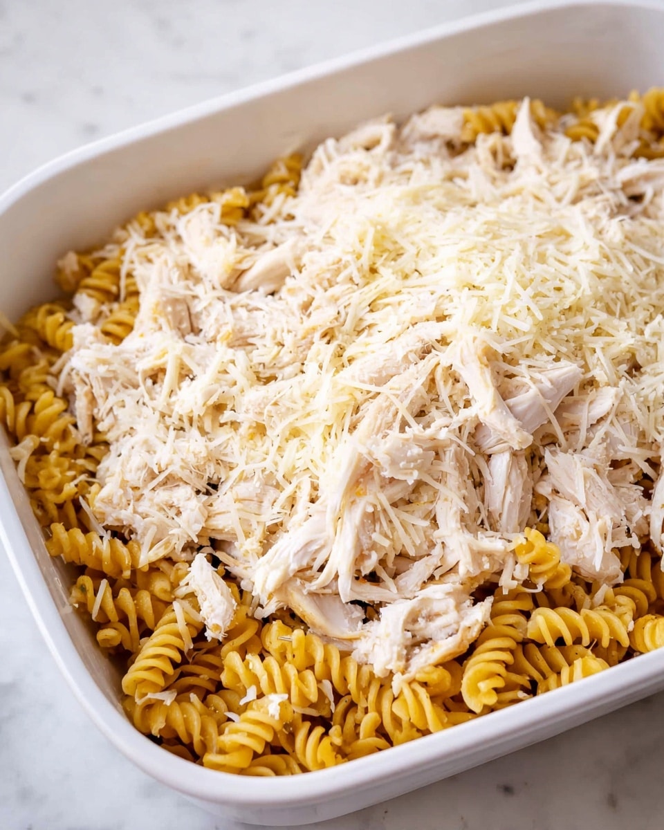A white dish filled with three main layers; the bottom layer is yellow spiral pasta, dry and uncooked, filling the dish evenly. The middle layer consists of shredded cooked white chicken pieces, scattered over the pasta. The top layer is a light dusting of finely shredded pale cheese spread across the chicken. The dish is placed on a white marbled surface. photo taken with an iphone --ar 4:5 --v 7