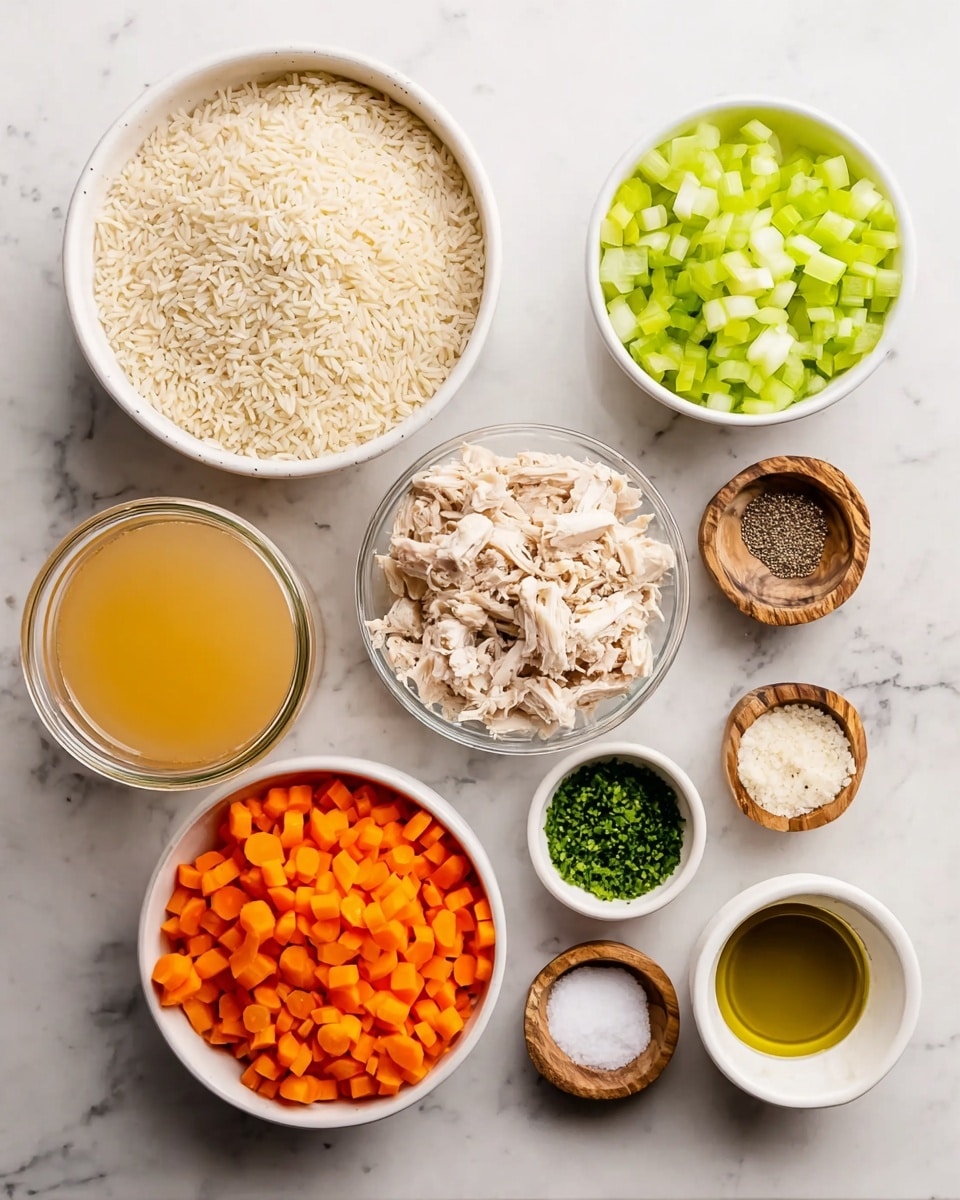 The image shows several white bowls and one glass jar arranged neatly on a white marbled surface. There is a large white bowl of uncooked rice, a glass jar filled with a light orange liquid, a white bowl with chopped celery, and another white bowl with chopped onions. One white bowl contains bright orange chopped carrots, while a large clear bowl holds shredded pale cooked chicken. Small wooden bowls contain minced garlic, chopped green herbs, and a mix of salt and pepper. A small white bowl with olive oil is also included, all ingredients brightly lit and clear, photo taken with an iphone --ar 4:5 --v 7