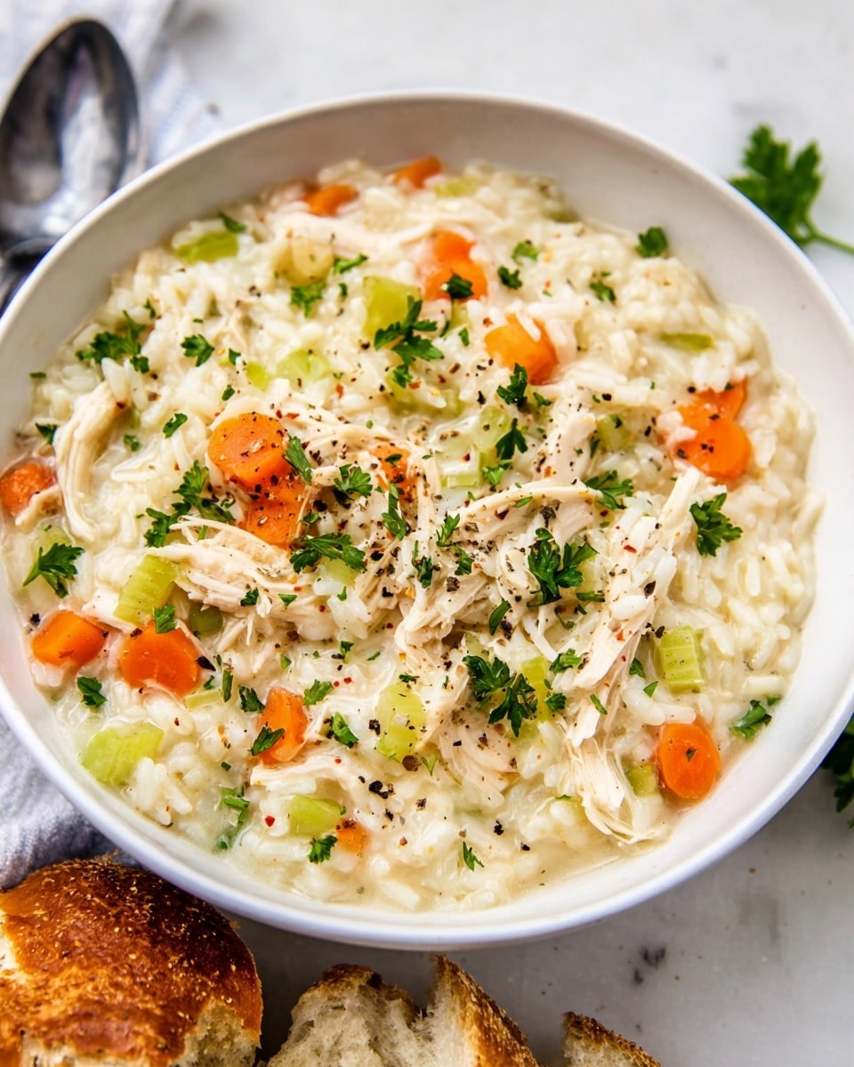 A white bowl filled with creamy chicken and rice soup showing around four layers: shredded white chicken pieces as the base, soft cooked creamy white rice mixed evenly throughout, sliced bright orange carrots and light green celery pieces scattered on top, all sprinkled with small bright green parsley leaves and black pepper flakes. The bowl is placed on a white marbled surface with some torn light brown bread to the side. photo taken with an iphone --ar 4:5 --v 7