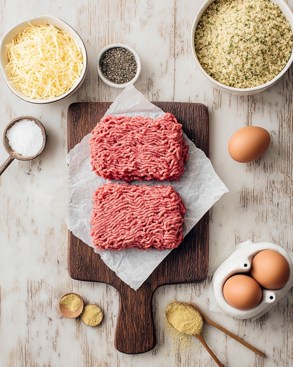 Two thick layers of raw pink ground beef sit side by side on a piece of white parchment paper atop a dark wooden cutting board placed at the center of a white marbled surface. Around the board are six white bowls and two wooden spoons arranged neatly: a large bowl of pale yellow shredded cheese at the bottom left, a small bowl of coarse white salt above it, and beside the salt, a small bowl of black and white pepper mix. At the top right, there is a large bowl filled with beige seasoned breadcrumbs with green herb flecks. Near the bottom right are two brown eggs resting in a white ceramic egg holder, and in front of them lie two wooden spoons, one larger than the other, each holding fine yellow powder. photo taken with an iphone --ar 4:5 --v 7