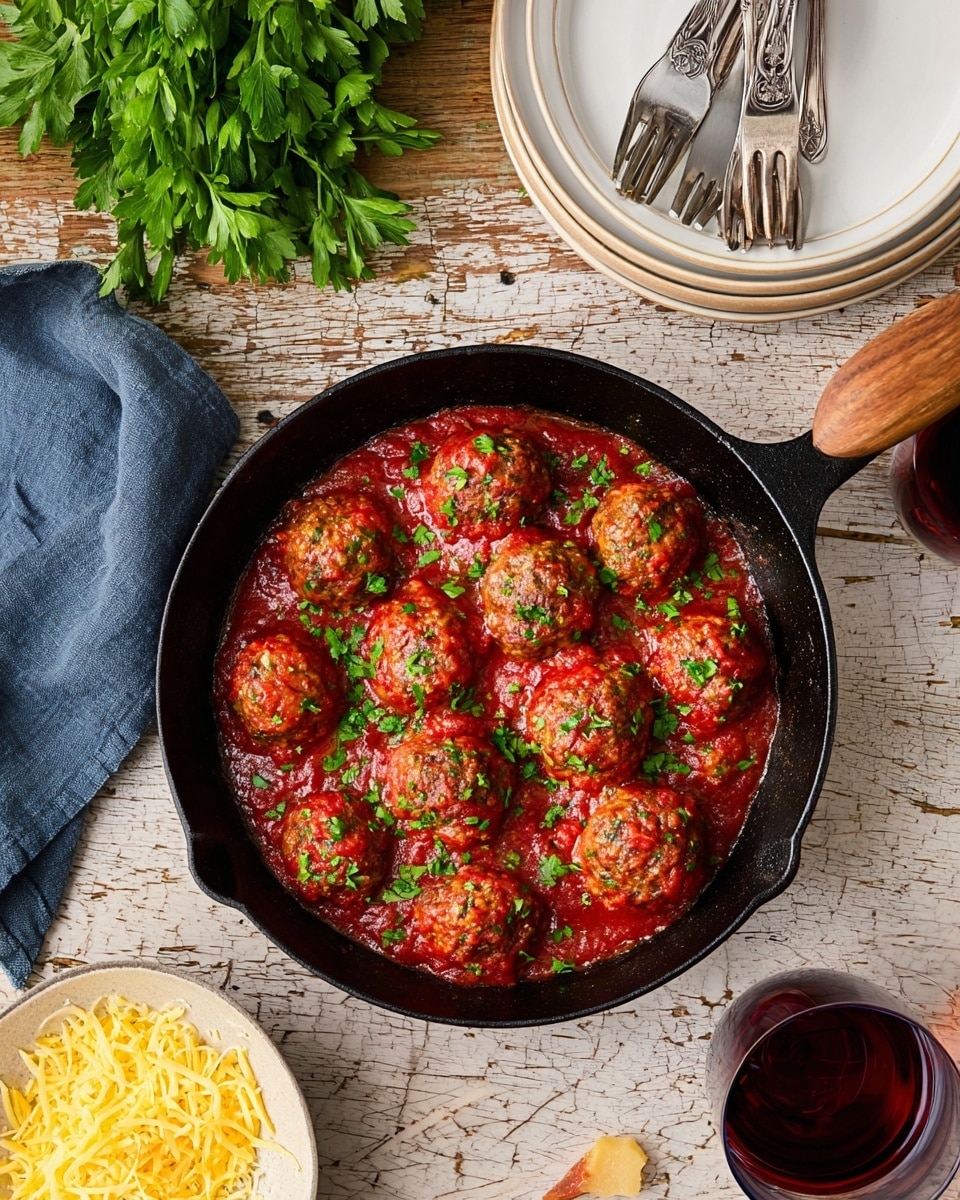 A black cast iron pan holds ten round meatballs covered in chunky red tomato sauce, sprinkled with chopped green parsley; the pan is placed on a wooden table with a white marbled texture. To the top right, three silver forks rest on a stack of white plates. To the right side, a white bowl filled with shredded yellow cheese is partly visible with some cheese spilled on the table. On the bottom right, a nearly full glass of red wine reflects light. There's a bunch of fresh green parsley on the top left, and a wooden spoon and a folded blue cloth napkin are on the left side. photo taken with an iphone --ar 4:5 --v 7