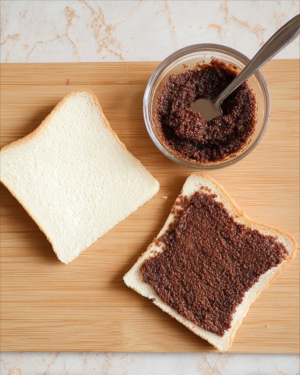 The image shows two square slices of white bread placed on a wooden surface; the left slice is plain with soft, white texture, and the right slice is evenly spread with a dark brown, grainy paste covering its top surface. Above the bread slices, there is a small clear glass bowl filled with the same dark brown paste and a silver spoon resting inside it. The background is changed to a white marbled texture. photo taken with an iphone --ar 4:5 --v 7