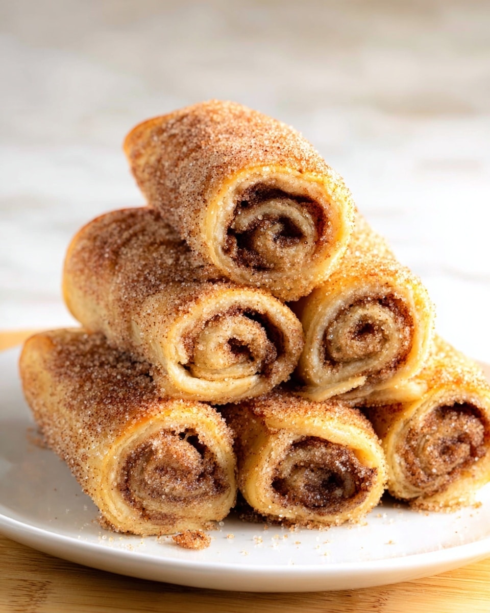 The image shows six rolled pastries stacked on a white plate placed on a white marbled surface. Each roll is golden brown with a soft, textured outer layer sprinkled generously with sugar and cinnamon. The inside of the rolls reveals a darker, cinnamon-spiced filling tightly wrapped in light dough. The rolls form a small pyramid with three at the bottom, two in the middle, and one resting on top, creating a warm, inviting look. The lighting highlights the sugar crystals and the soft texture of the rolls, giving them a fresh and appetizing appearance photo taken with an iphone --ar 4:5 --v 7