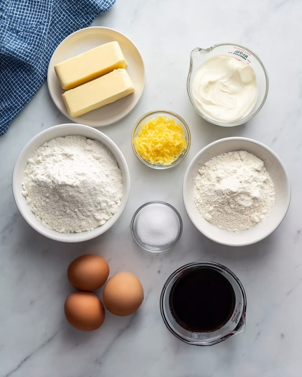 The image shows a white marbled surface with seven ingredients neatly arranged in small white bowls and clear measuring cups. Starting from the top left, there is a small white bowl with two sticks of pale yellow butter. To its right, a tiny white bowl contains bright yellow lemon zest. Below the butter, a glass measuring cup is filled with white cream. Next to the cream, a white bowl holds white granulated sugar. Below the sugar, a larger white bowl contains white flour. In front of the flour, three brown eggs are placed side by side. Finally, in front of the eggs, a small dark glass bowl filled with a black liquid, likely vanilla extract, is visible. A blue checkered cloth is partly visible on the top left corner. The image is bright and clear with soft natural light. Photo taken with an iphone --ar 4:5 --v 7
