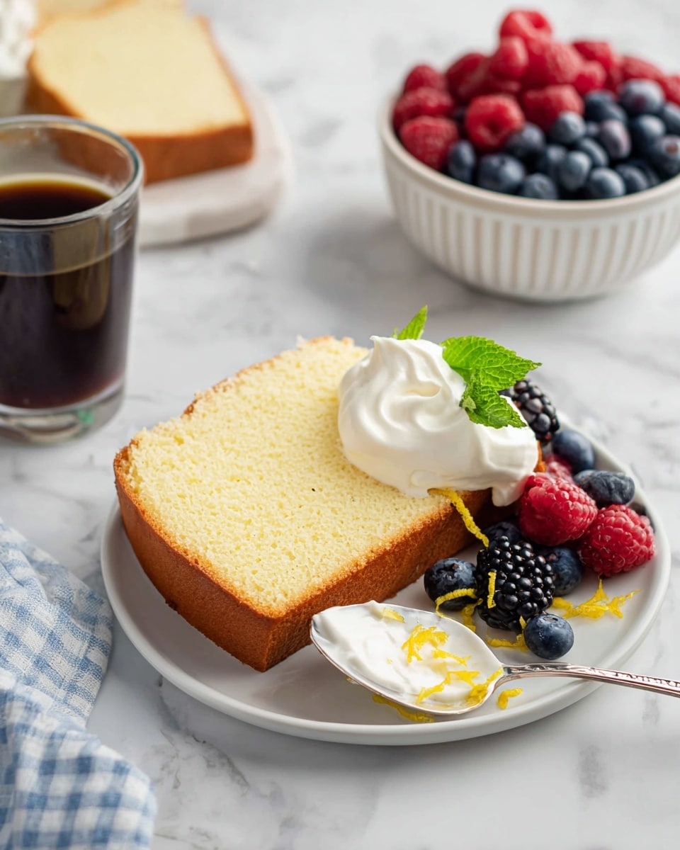 A white plate holds a thick slice of light yellow pound cake with a smooth texture, edged with a slightly darker crust. On one side of the cake is a layer of white whipped cream that extends slightly under the cake. Next to the cream are fresh berries including blueberries, blackberries, and raspberries, with a small green leaf on top and thin yellow lemon zest strands scattered around. A silver spoon scoops a piece from the cake with cream. Behind the plate is a clear glass with dark coffee partially filled. Nearby, there is a white bowl filled with more blueberries and raspberries on a white marbled surface. A light blue and white checkered cloth rests near the bowl. photo taken with an iphone --ar 4:5 --v 7