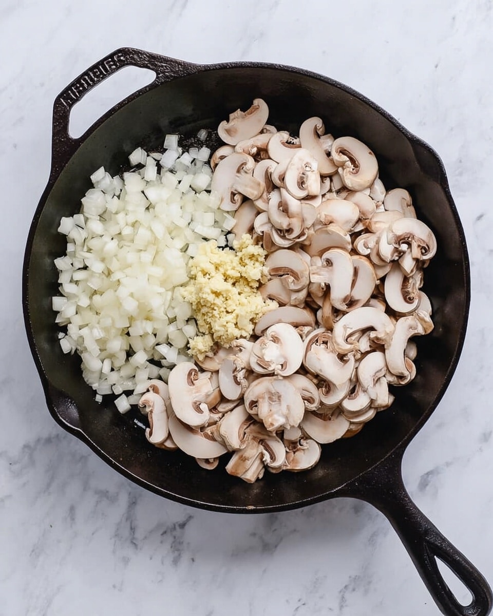 A black cast iron pan sits on a white marbled surface. Inside the pan, the left side holds small white diced onions in a neat pile. The center has a small mound of minced garlic, light yellow in color. The right side is covered with a layer of sliced white mushrooms showing their pale beige gills and smooth caps. The colors range from white and pale yellow to beige, creating a soft contrast against the dark pan. Photo taken with an iphone --ar 4:5 --v 7