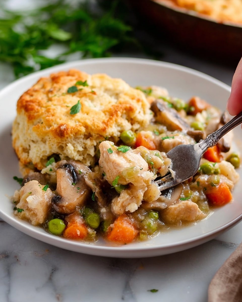 The image shows a white plate with a thick golden-brown biscuit on one side, soft and crumbly in texture, slightly torn to reveal its fluffy inside. Next to the biscuit is a creamy mixture of cooked chicken pieces, sliced mushrooms, bright orange carrot cubes, and green peas, all coated in a light, glossy sauce. A silver fork with a woman's hand holding it is picking up some of the chicken mixture. The plate is set on a white marbled surface, with fresh green herbs blurred in the background. Photo taken with an iphone --ar 4:5 --v 7
