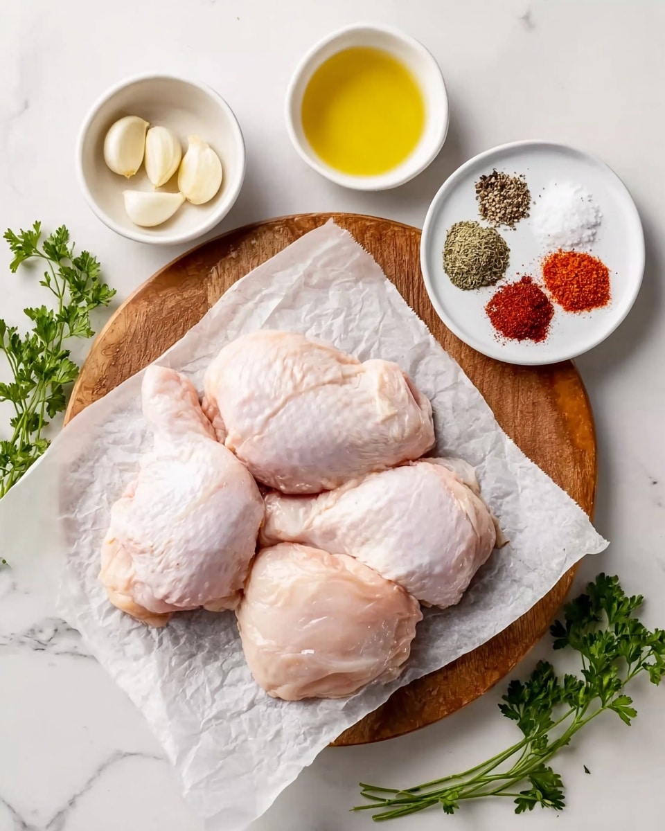 The image shows three raw chicken pieces placed on white parchment paper over a wooden board. To the top left, there are two small white bowls; one contains two peeled garlic cloves, and the other holds a small amount of olive oil. To the top right, a white plate holds six small piles of spices including black pepper, red chili powder, salt, and dried herbs. Around the board, fresh parsley adds green color, and the background is a white marbled surface. Photo taken with an iphone --ar 4:5 --v 7