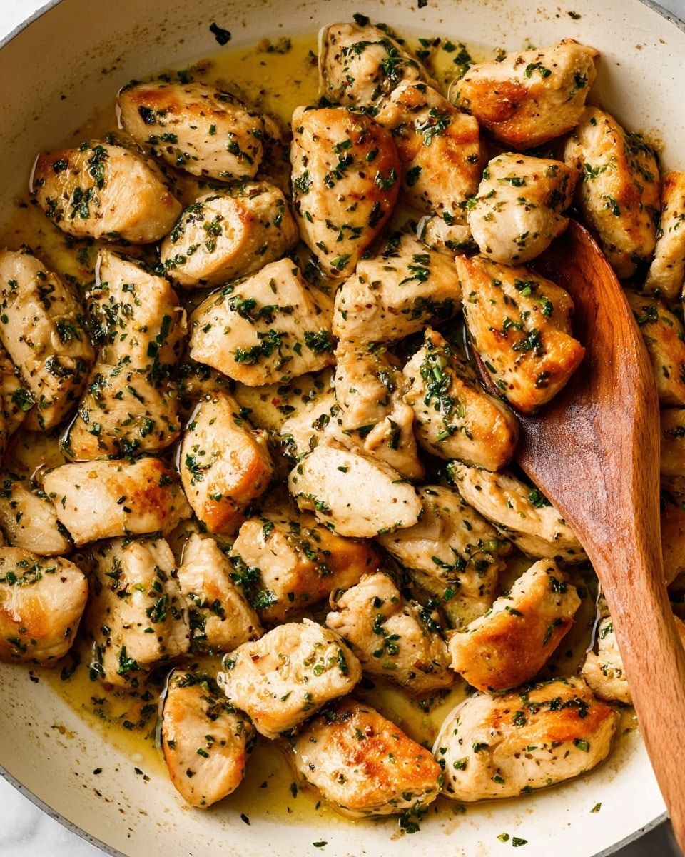 The image shows a white pan filled with small, golden-brown chunks of cooked chicken, all evenly coated with green herbs scattered across the pieces. The chicken pieces are arranged close together, showing a slight glisten from the sauce or oil at the bottom of the pan. A wooden spoon touches one piece of chicken from the right side, partially submerging it in the glossy sauce. The background is a white marbled surface. photo taken with an iphone --ar 4:5 --v 7