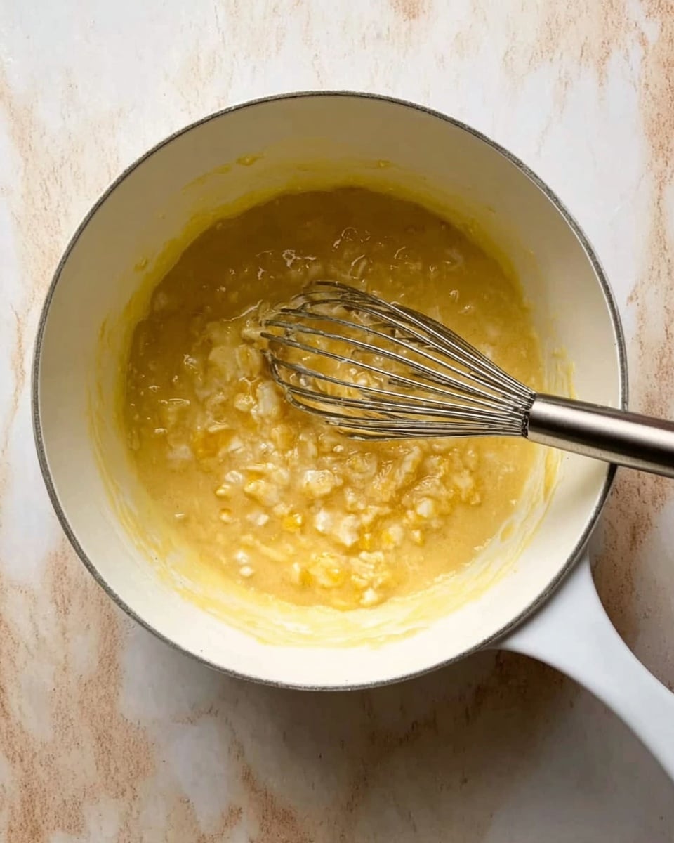A white pot sits on a white marbled surface, with a metal whisk inside stirring a yellowish mixture that looks thick and creamy with small chunks. The mixture has a soft, lumpy texture and spreads unevenly across the bottom and sides of the pot. The pot’s handle faces toward the lower right. photo taken with an iphone --ar 4:5 --v 7