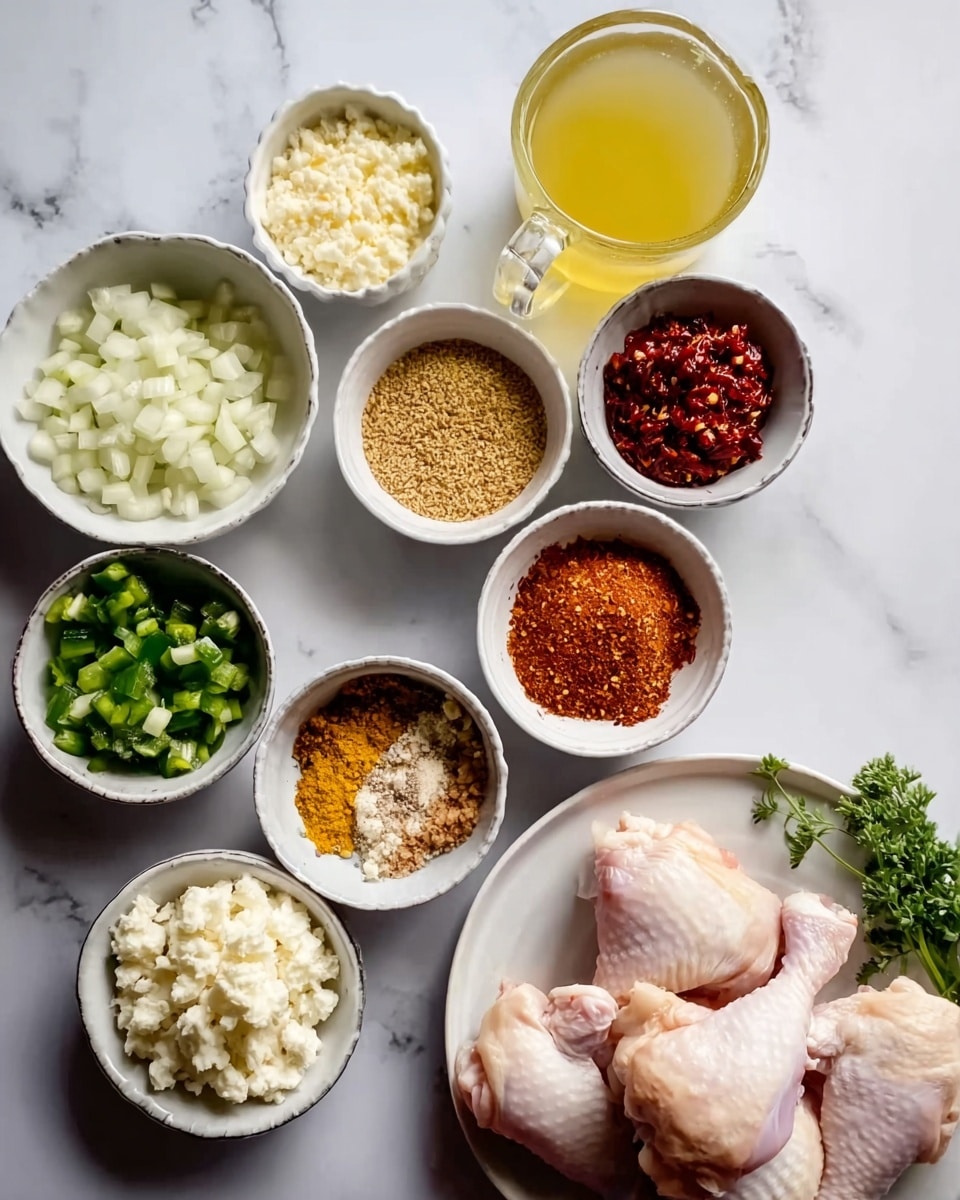 The image shows an arrangement of cooking ingredients placed on a white marbled surface. There are several small white bowls containing different items: diced white onions, chopped green peppers, minced garlic, spicy red chili paste, yellow oil, mixed spices with orange, brown, and white hues, crumbly white cheese, and fine brown breadcrumbs. To the bottom right, there is a white plate with raw chicken drumsticks. A transparent mug filled with a light yellow broth or sauce is also visible near the chicken. On the right side, some green herbs are partially seen. The setup is neat, with each ingredient clearly visible in its own small dish. photo taken with an iphone --ar 4:5 --v 7