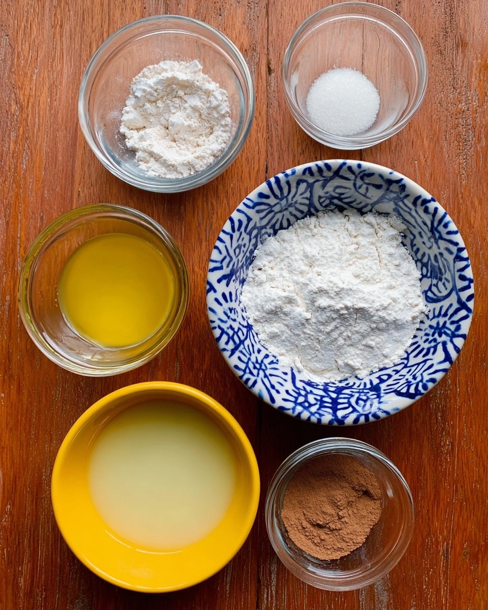 The image shows five small bowls with different cooking ingredients placed on a wooden surface. At the center, there is a white bowl with blue patterns filled with white powder that looks like flour. Above it, two clear glass bowls contain a white granular substance and a light yellow liquid. Below, a bright yellow bowl holds a pale yellow liquid, and next to it, a clear glass bowl contains a small amount of brown powder. Photo taken with an iphone --ar 4:5 --v 7