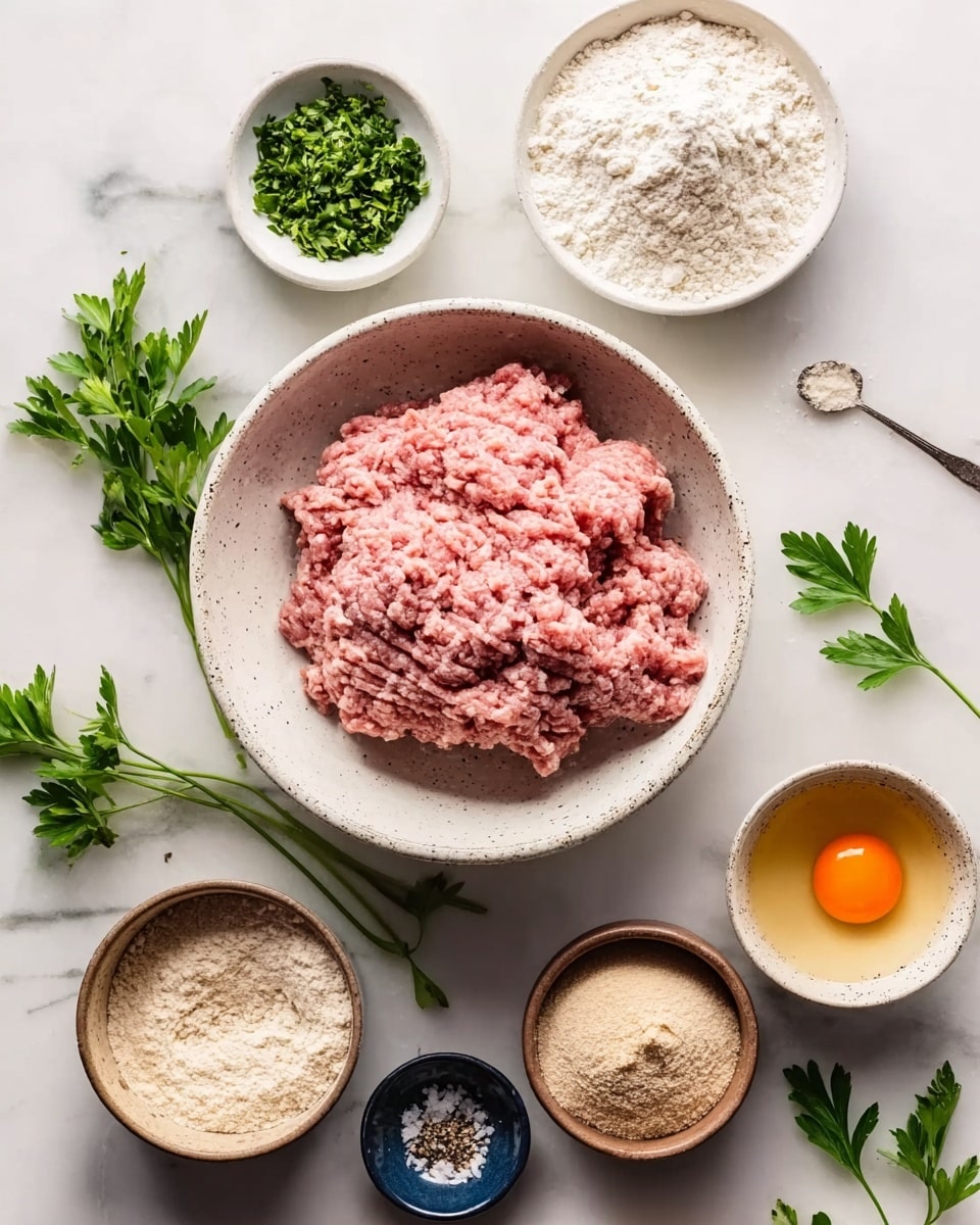 A speckled white bowl filled with light pink ground meat sits at the center on a white marbled surface. Around it are smaller white bowls and a brown bowl, each holding different ingredients: one white bowl with chopped green herbs, another with white powdery flour with a small spoon, a brown bowl with an orange raw egg yolk, a couple of white bowls with various beige powders, and a small dark blue dish with salt and pepper mixed. There are fresh green parsley sprigs around the bowls. photo taken with an iphone --ar 4:5 --v 7