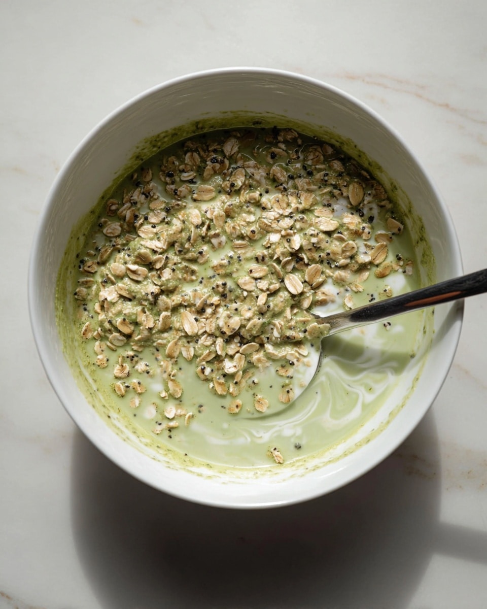 A white bowl sits on a white marbled surface, filled with a mix of greenish liquid and oatmeal flakes creating a textured, lumpy mixture. The mixture has three main visible layers: the top layer is a scattered spread of beige oatmeal flakes with small black seeds or grains throughout, the middle layer is a light green, foamy liquid, and the bottom edges blend into the bowl with streaks of the same green liquid. A shiny silver spoon rests inside the bowl on the right side, partially submerged in the mix, reflecting light. photo taken with an iphone --ar 4:5 --v 7