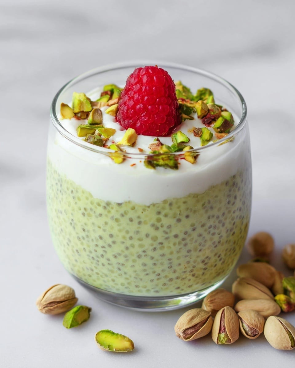 A clear glass cup filled with two visible layers: the bottom layer is a light green pudding with small chia seeds evenly distributed, showing a slightly textured and creamy surface, and the top layer is a smooth white cream covering the pudding fully. On top of the white cream sits a single bright red raspberry centered in the middle, surrounded by scattered small chunks of green and brown pistachio nuts. The cup is placed on a white marbled surface, with some whole pistachio nuts scattered in front of it, adding color contrast. Photo taken with an iphone --ar 4:5 --v 7