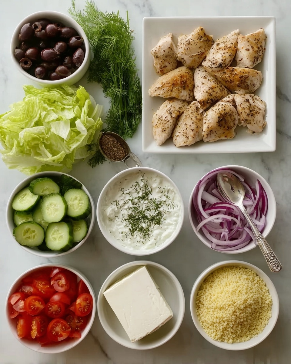 The image shows a meal set on a white marbled surface with nine small white bowls arranged in a grid. The top right bowl contains four cooked chicken pieces seasoned with black pepper. Below it, a bowl with white yogurt mixed with herbs and a spoon. Next to it, a square white plate holds a block of white cheese. The other bowls include green lettuce, red sliced tomatoes, sliced cucumbers, black olives, sliced red onions, golden couscous, and a brown sauce with fresh dill placed behind the sauce bowl. The colors are natural and fresh, providing a clean and organized look. photo taken with an iphone --ar 4:5 --v 7