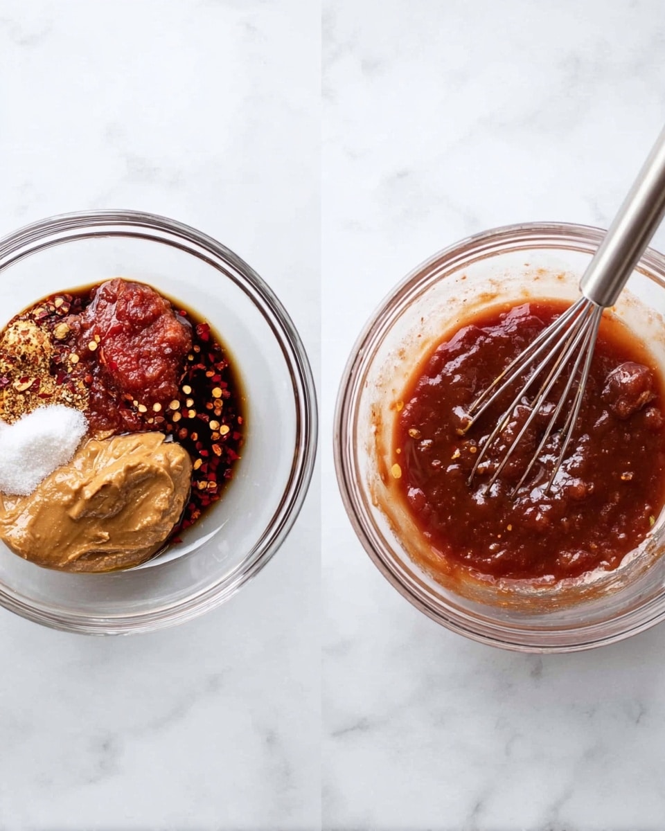 The image shows two clear glass bowls on a white marbled surface. The left bowl contains separate layers of ingredients: a dark brown sauce with red chili flakes spread over it, a brown peanut butter-like dollop, a red tomato paste, and white granulated sugar, each sitting side by side. The right bowl contains the same dark reddish-brown sauce but now fully mixed and smooth, with a silver metal whisk placed inside it. The sauce has a shiny texture with small red chili flakes visible throughout. Photo taken with an iphone --ar 4:5 --v 7