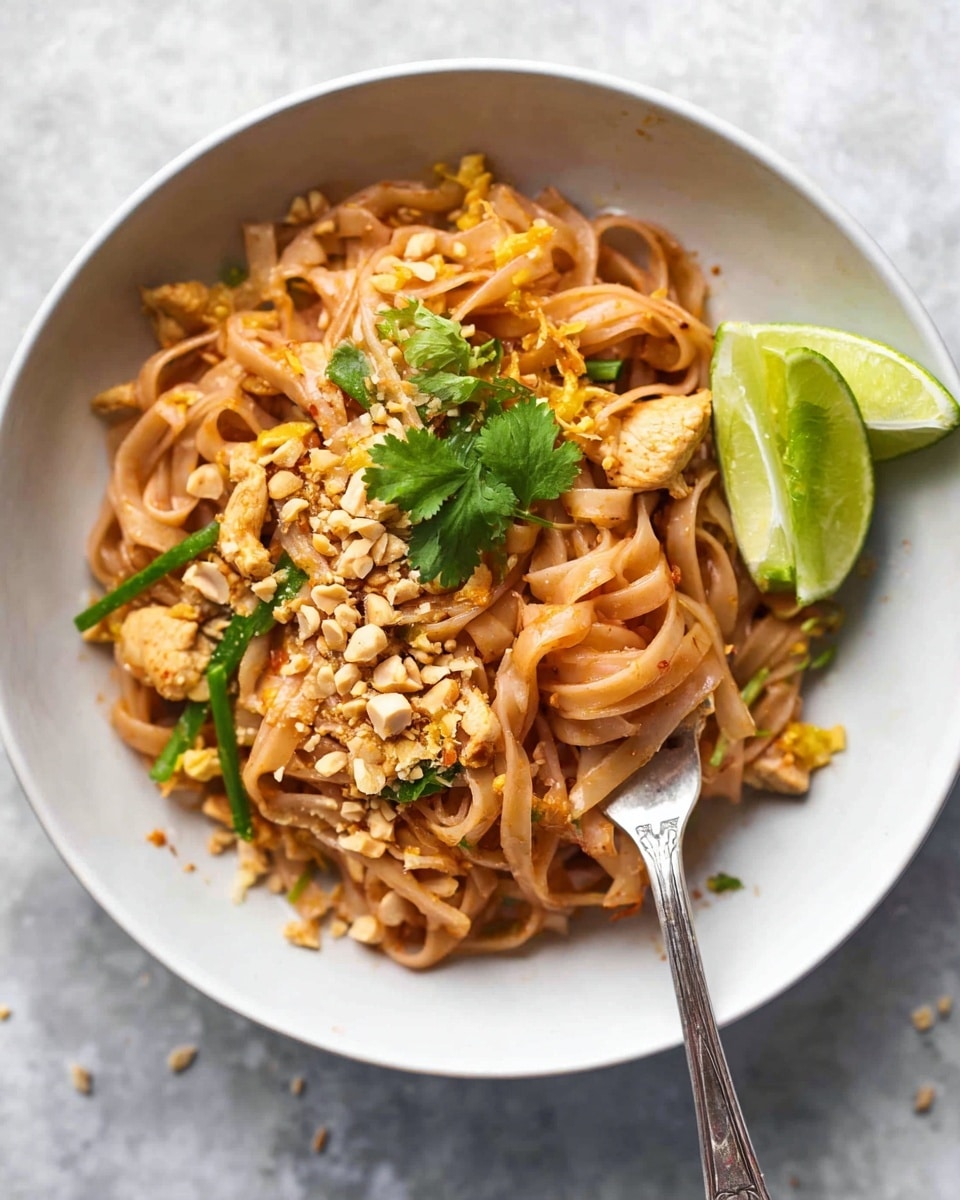 A white bowl holds a dish of cooked flat noodles in a light brown sauce with pieces of cooked chicken and green onion mixed in. There are small bits of scrambled egg scattered on top along with crunchy crushed peanuts sprinkled all over. Two slices of fresh lime rest on the side of the noodles, and a bright green sprig of cilantro sits near the center. A silver fork is placed inside the bowl at the right edge, with some noodles wrapped around its tines. The bowl sits on a white marbled surface, with some crushed peanuts scattered around. Photo taken with an iphone --ar 4:5 --v 7
