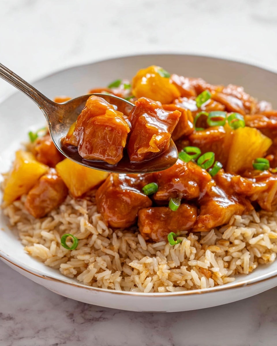 A white plate filled with a base layer of light brown cooked rice, with a thick layer of glossy orange sauce-covered chunks of meat and large pieces of pineapple on top. The sauce is shiny and coats the meat and pineapple pieces well. Green onion slices are sprinkled over the saucy meat and pineapple, adding small touches of green color. A spoon lifts some of the meat and pineapple from the plate, showing their juicy and tender texture. The plate sits on a white marbled surface. photo taken with an iphone --ar 4:5 --v 7