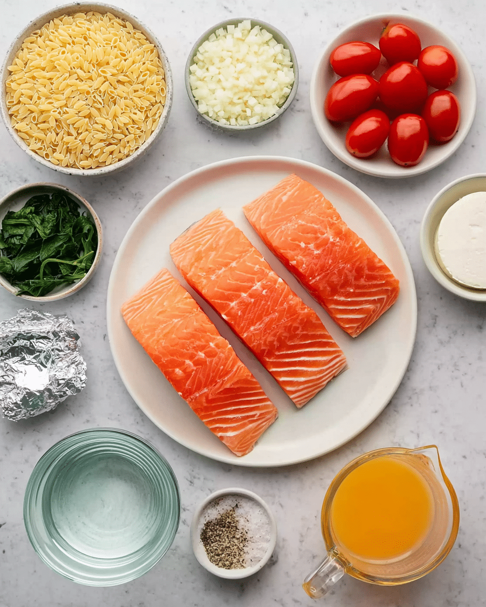 The image shows three pieces of raw salmon with a smooth orange-pink texture and white lines, arranged side by side on a white plate. Surrounding the plate are various bowls on a white marbled surface: a bowl of uncooked orzo pasta with a pale yellow color, a bowl of bright red grape tomatoes, a clear glass bowl of light liquid likely water, a small bowl of green chopped spinach, a bowl with finely chopped white onions, a small bowl containing minced pale yellow garlic, a container with a round white disk of soft cheese wrapped in foil, a small dish of mixed salt and black pepper, and a clear glass measuring cup filled with an orange-yellow liquid, probably broth. Photo taken with an iphone --ar 4:5 --v 7