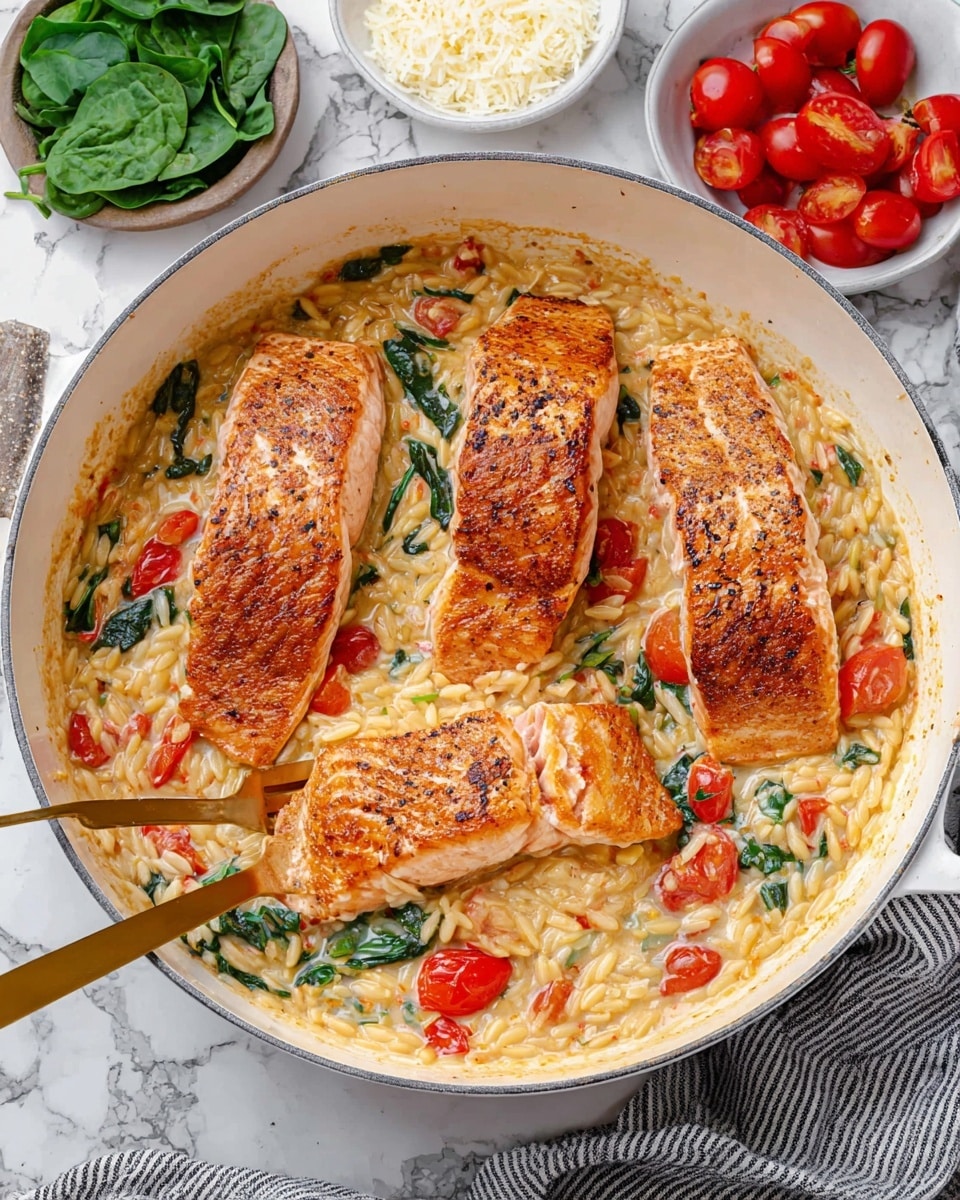 A white pan filled with three pieces of cooked salmon, each with a crispy golden brown top layer. Beneath, there is a creamy orzo risotto mixed with bright red cherry tomato halves and green spinach leaves, creating a colorful mix of creamy white, red, and green. Two gold forks are placed inside the pan, one piercing some of the creamy orzo near the center. Around the pan, there are small white bowls holding fresh green spinach, grated cheese, and whole red cherry tomatoes. The pan and bowls sit on a white marbled surface next to a gray and white striped cloth. Photo taken with an iphone --ar 4:5 --v 7