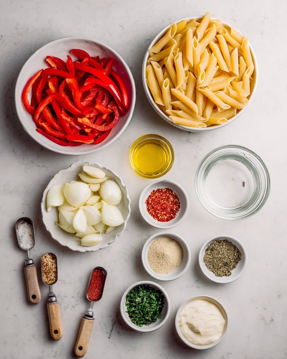 The image shows several white bowls and measuring spoons arranged on a white marbled surface. The largest bowl in the center holds uncooked yellow penne pasta. To its left, a large white bowl is filled with long red strips of bell pepper. Below the pasta bowl, a small white bowl contains peeled whole garlic cloves, and another white bowl next to it has thick white onion pieces. To the right of the pasta, there are four small white bowls holding different spices and ingredients: one has green chopped herbs, one has a light beige powder, another has red chili flakes, and the last one has a blend of dried herbs. Above, a small white bowl contains golden olive oil, beside an empty clear glass bowl and a metal measuring spoon with red tomato paste. Two wooden-handled measuring spoons with white powder rest to the left. A small white bowl below holds a white creamy liquid. Photo taken with an iphone --ar 4:5 --v 7