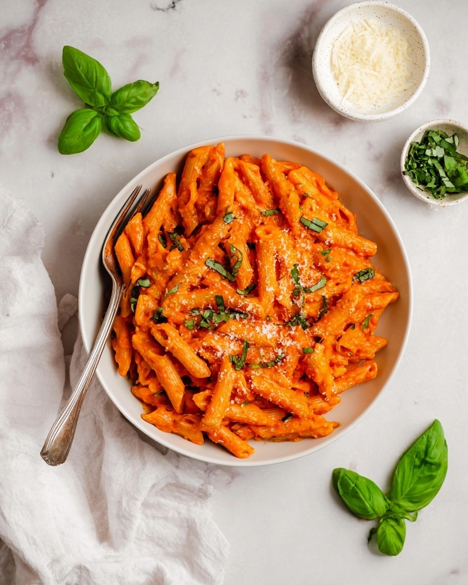 A white bowl filled with creamy orange-red penne pasta, covered with small green basil pieces scattered evenly on top, and a light sprinkling of white grated cheese. A silver fork rests on the left side inside the bowl. Around the bowl, there are three bright green basil leaves placed on a white marbled surface, two small white bowls, one filled with more white grated cheese and the other with fresh green basil leaves. A wrinkled white cloth is positioned in the bottom left corner. The photo taken with an iphone --ar 4:5 --v 7