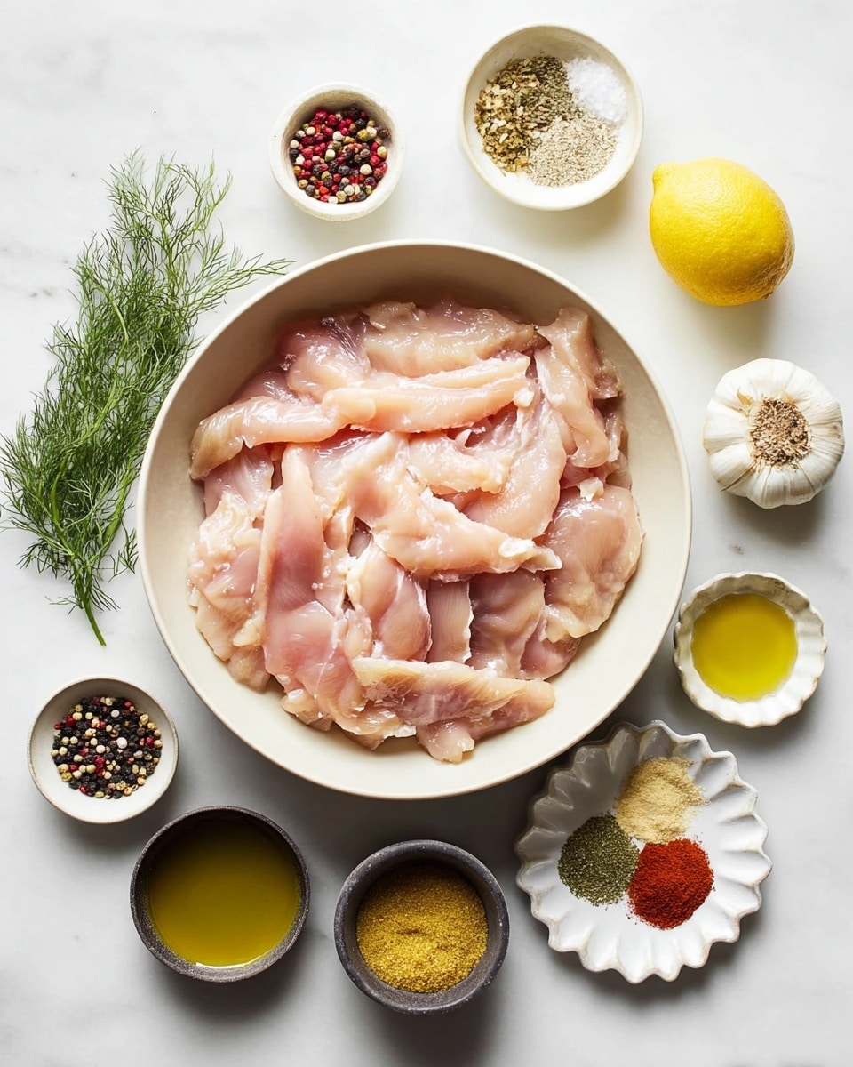 A large white bowl at the center is filled with layers of pale pink raw chicken strips, glossy and smooth in texture. Surrounding the bowl are small white dishes holding different ingredients: to the top right, a dish with coarse salt and pepper mix, beside a bright yellow lemon and some fresh green dill. Below and around the main bowl are six smaller bowls and plates - one with mixed black, white, and red peppercorns in a dark round bowl, one with yellow grainy mustard, one with golden olive oil, another with light green olive oil, a small beige dish with crushed garlic, and a white scalloped plate with four spices in separate sections - reddish powder, green dried herbs, yellow powder, and brown powder. All these items rest on a white marbled surface, showing a clean and bright kitchen setting. Photo taken with an iphone --ar 4:5 --v 7