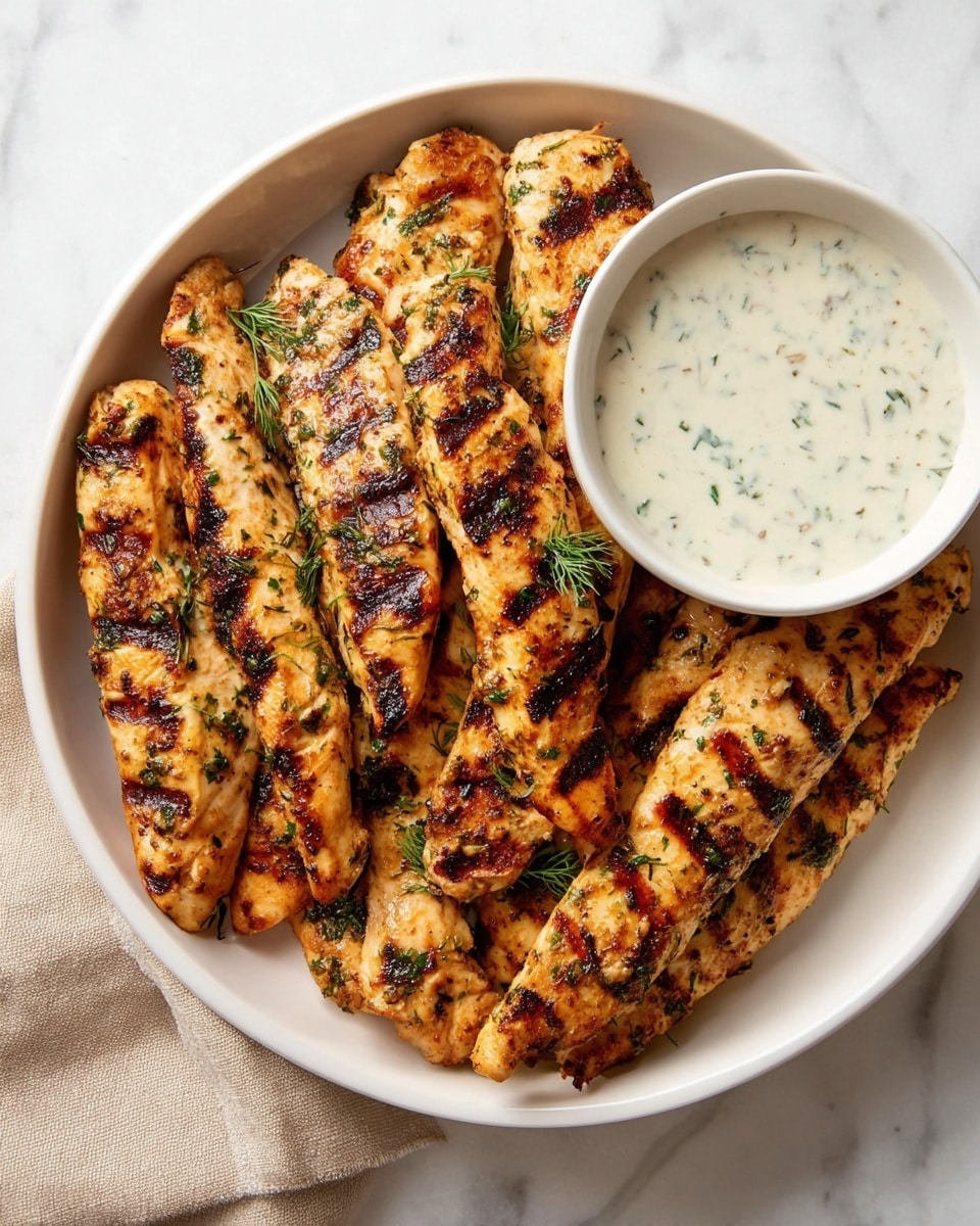 A white round dish holds about ten grilled strips of chicken with dark grill marks and a golden-brown color, sprinkled with green herb pieces. The chicken strips are layered closely together, filling most of the dish. On the right side inside the dish, a smaller white bowl contains a light creamy sauce with tiny green herb specks. The dish is placed on a white marbled surface with a beige cloth napkin partially visible in the bottom left corner. photo taken with an iphone --ar 4:5 --v 7