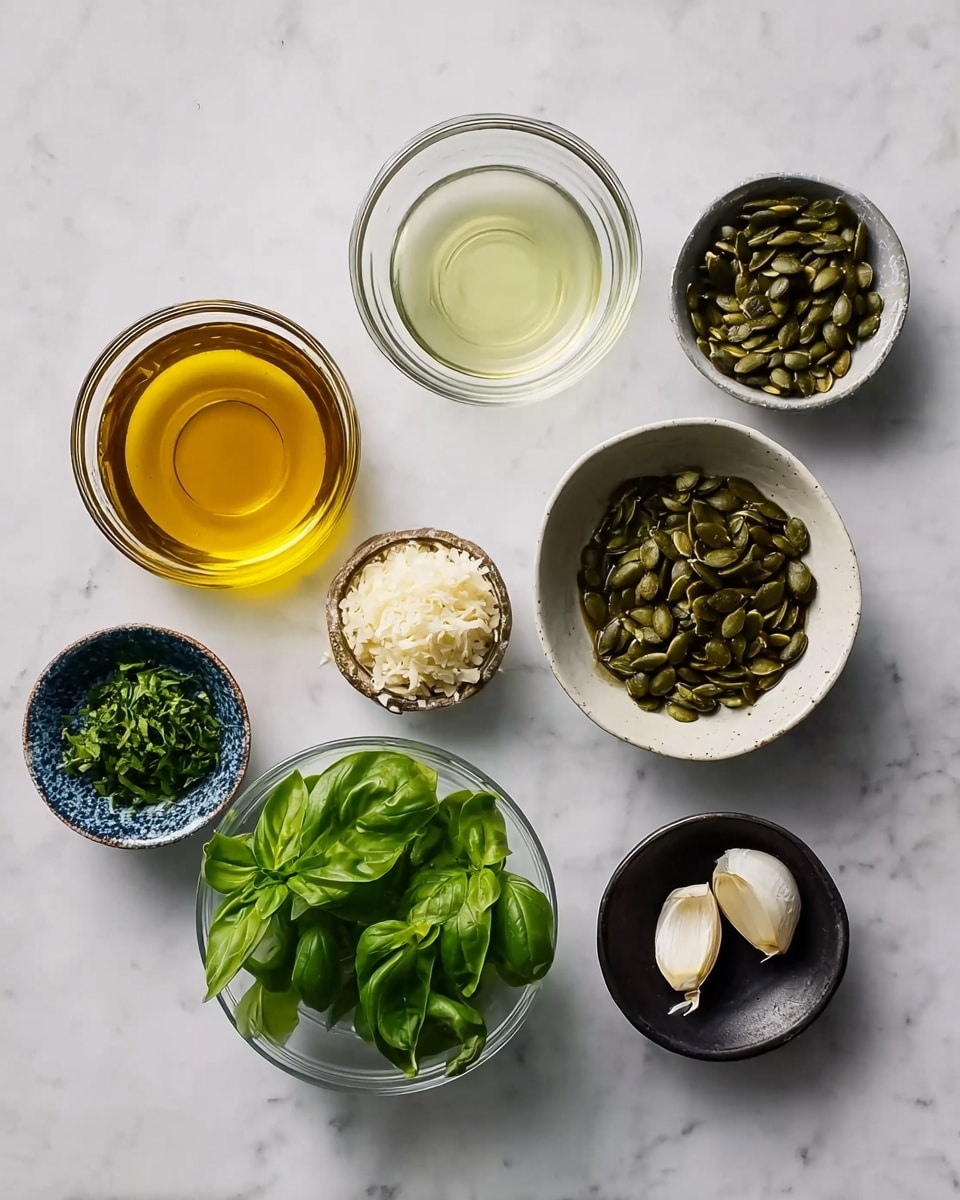 The image shows seven small glass and ceramic bowls arranged on a white marbled surface. The top left bowl holds golden olive oil with a smooth, shiny texture. Next to it, a clear small glass bowl contains a pale yellow liquid, likely lemon juice. To the right, a white bowl is filled with dark green roasted pumpkin seeds. Below, in the middle is a glass bowl full of fresh bright green basil leaves with smooth textures. To the left, another glass bowl holds chopped green herbs with a coarse texture. Below that, a small ceramic bowl contains off-white grated cheese with a soft texture. Finally, a small black ceramic bowl has two whole garlic cloves with a smooth and shiny surface. Photo taken with an iphone --ar 4:5 --v 7