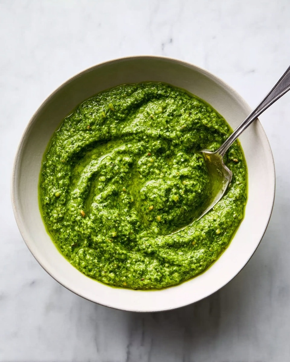 A white bowl filled with a thick, bright green sauce with a coarse texture, showing small bits of herbs and nuts blended together. The sauce fills most of the bowl and has some gentle swirls on the surface, giving it a fresh and creamy look. A silver spoon rests inside the bowl, partly covered by the sauce. The bowl is placed on a white marbled surface. photo taken with an iphone --ar 4:5 --v 7