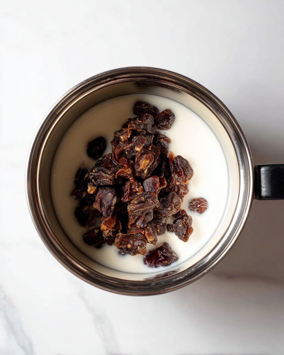 A small pile of dark brown chopped dates sits in the center of a shiny metal pot filled with creamy white milk, with the metal rim of the pot sharply framing the scene, all placed on a white marbled surface. photo taken with an iphone --ar 4:5 --v 7